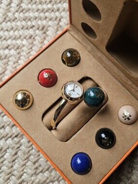 Tory Burch Gold Bangle Watch with Interchangeable Multicolor Buttons